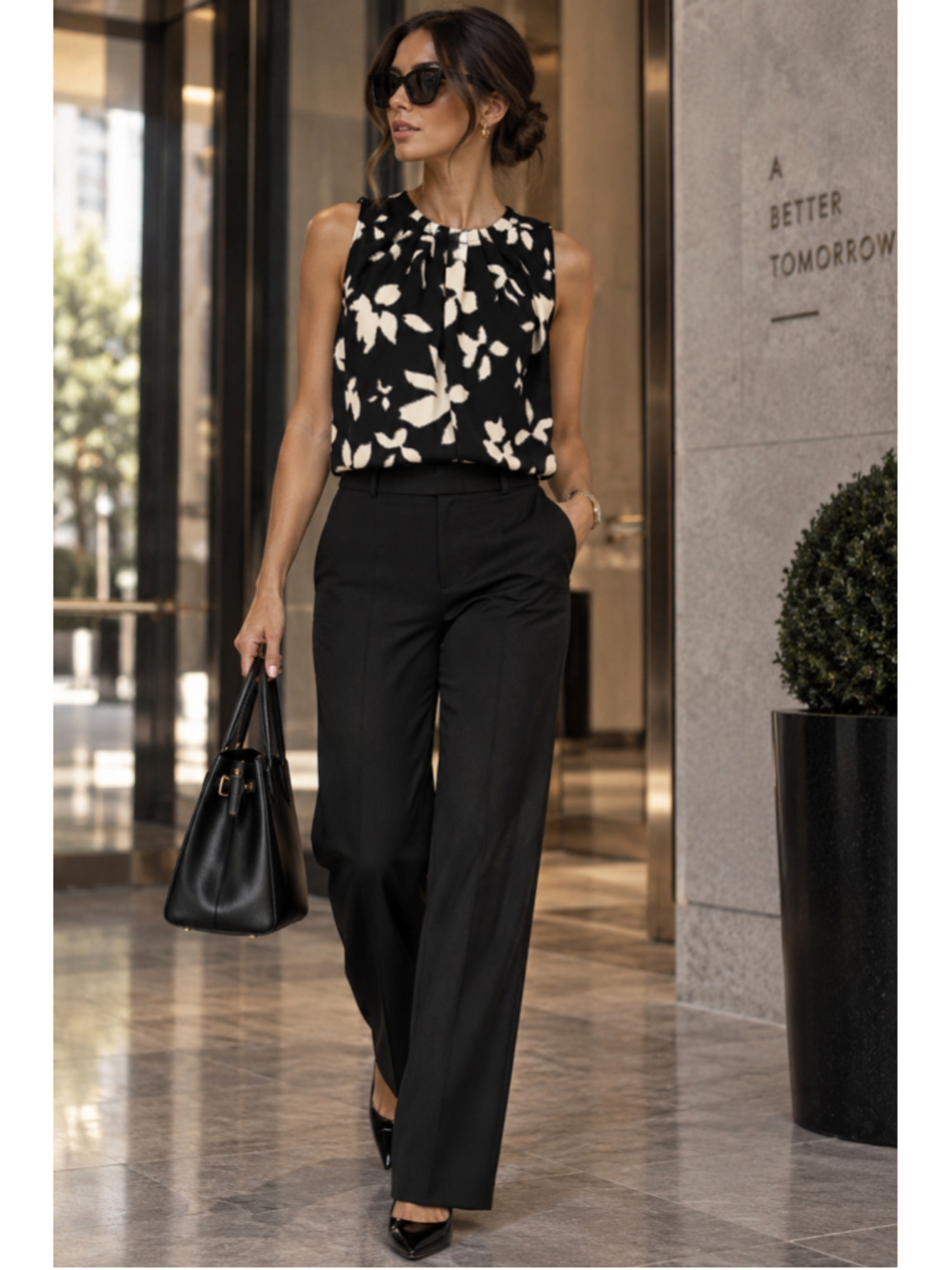 Ann Taylor Black Ivory Floral Pleated Blouse M Petite NWOT Sleeveless Career